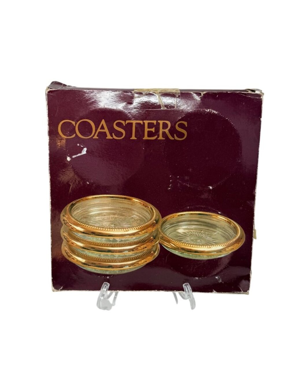 Set of 4 Vintage Towle Brass Plated Crystal Sunburst Coasters Italy